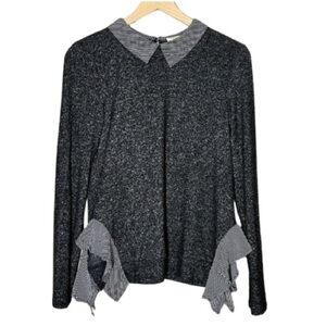 Women's L Monteau Sweater Peter Pan Collar Top Charcoal Striped Soft Stretch